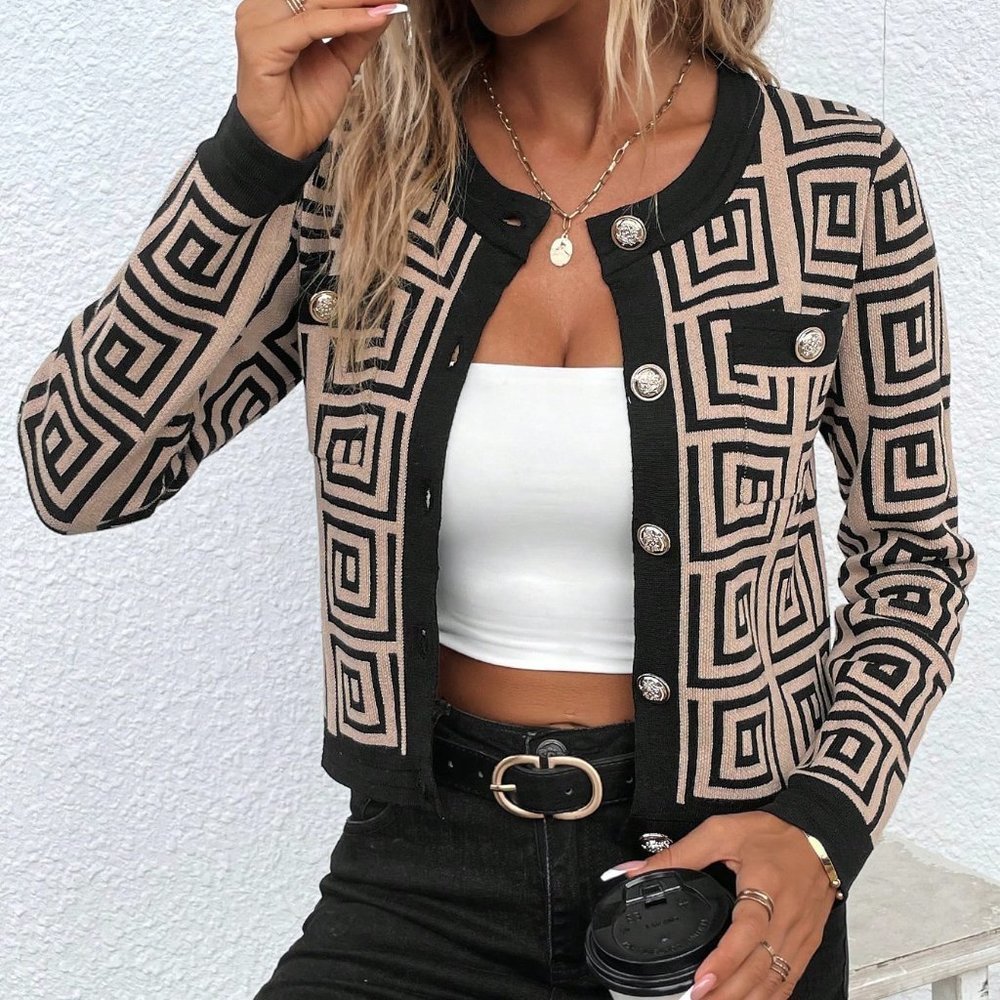 Black & Tan Preppy Womens Geo Pattern Contrast Trim Button Front Crop Cardigan - Picture 2 of 5